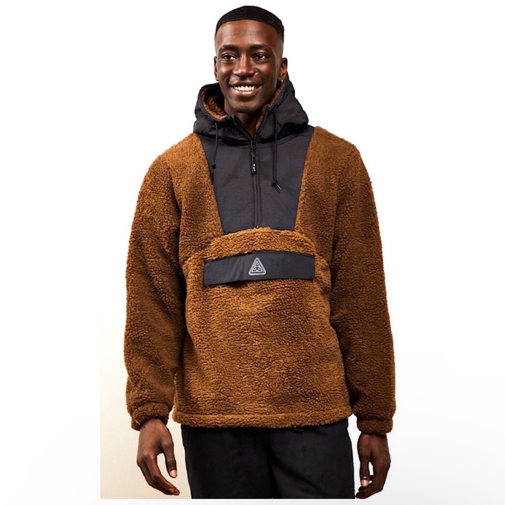 Huf Men's Brown Sherpa Pullover Jacket With Black Hood Size L